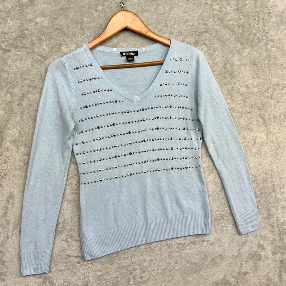 BYdesign McBling V-Neck Sweater Baby Blue Preppy Dainty Coquette Womens Small